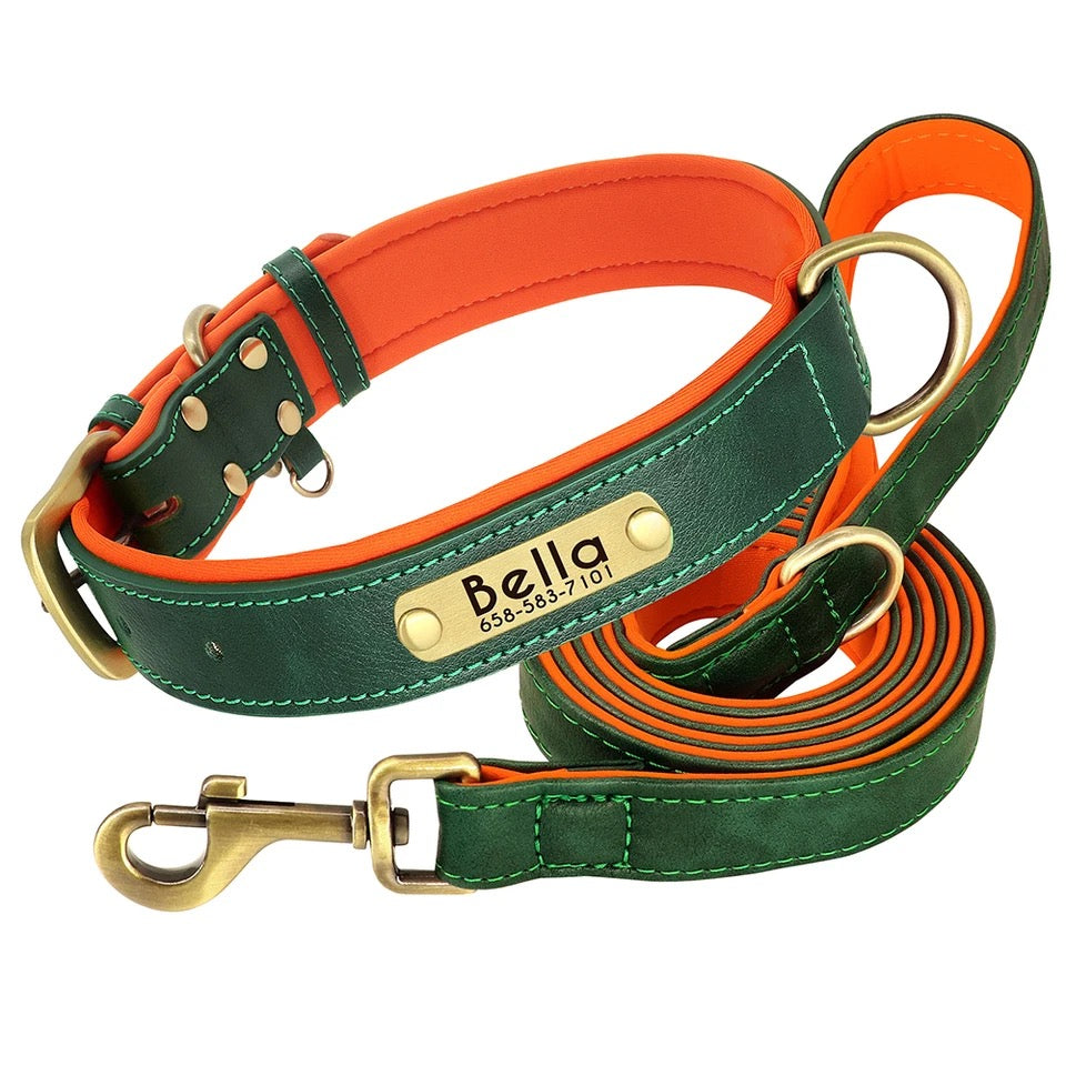 Set Lederhalsband und Leinenset personalisiert