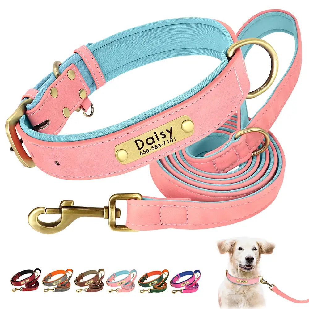 Set Lederhalsband und Leinenset personalisiert