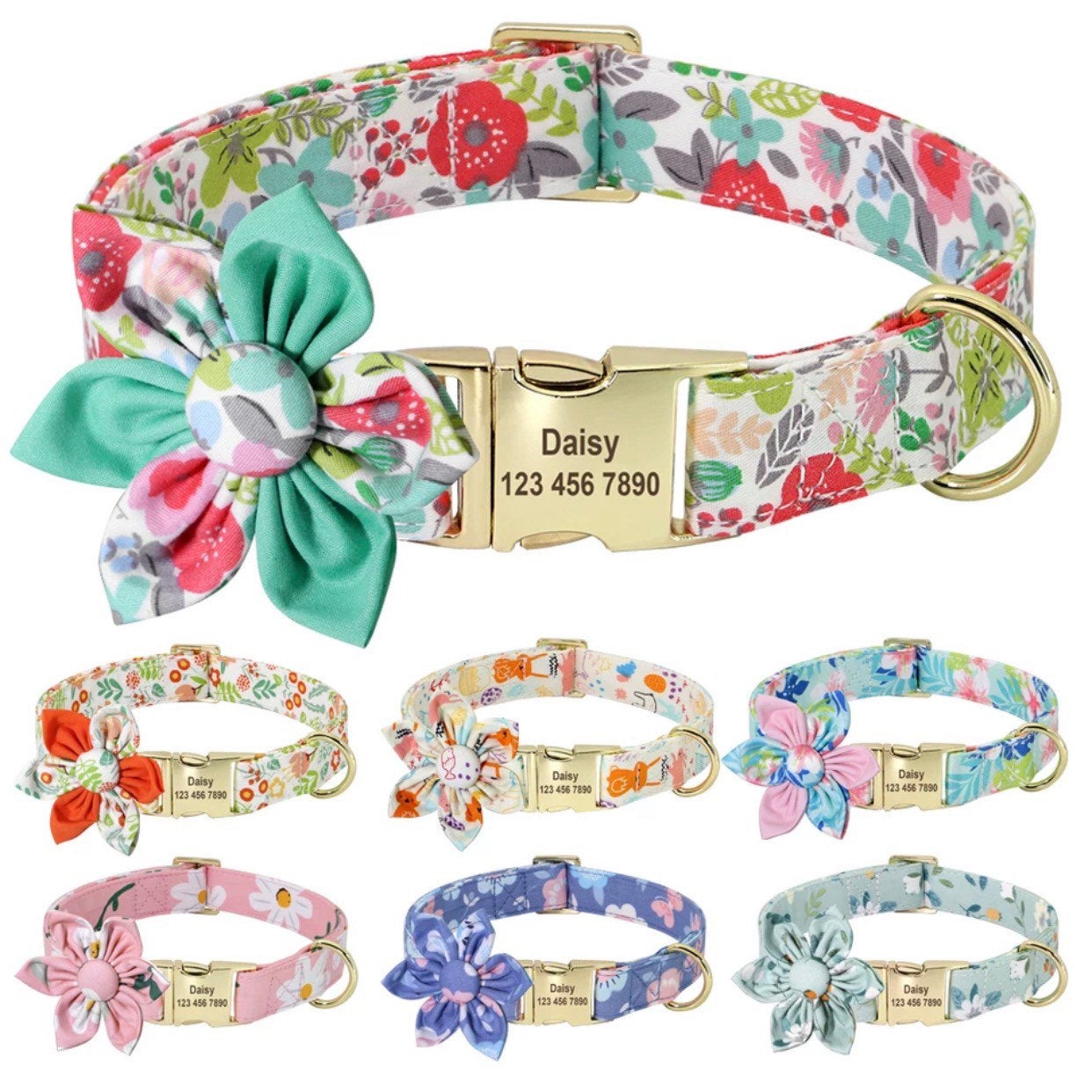 Hundehalsband mit Blume goldene Metallschließe