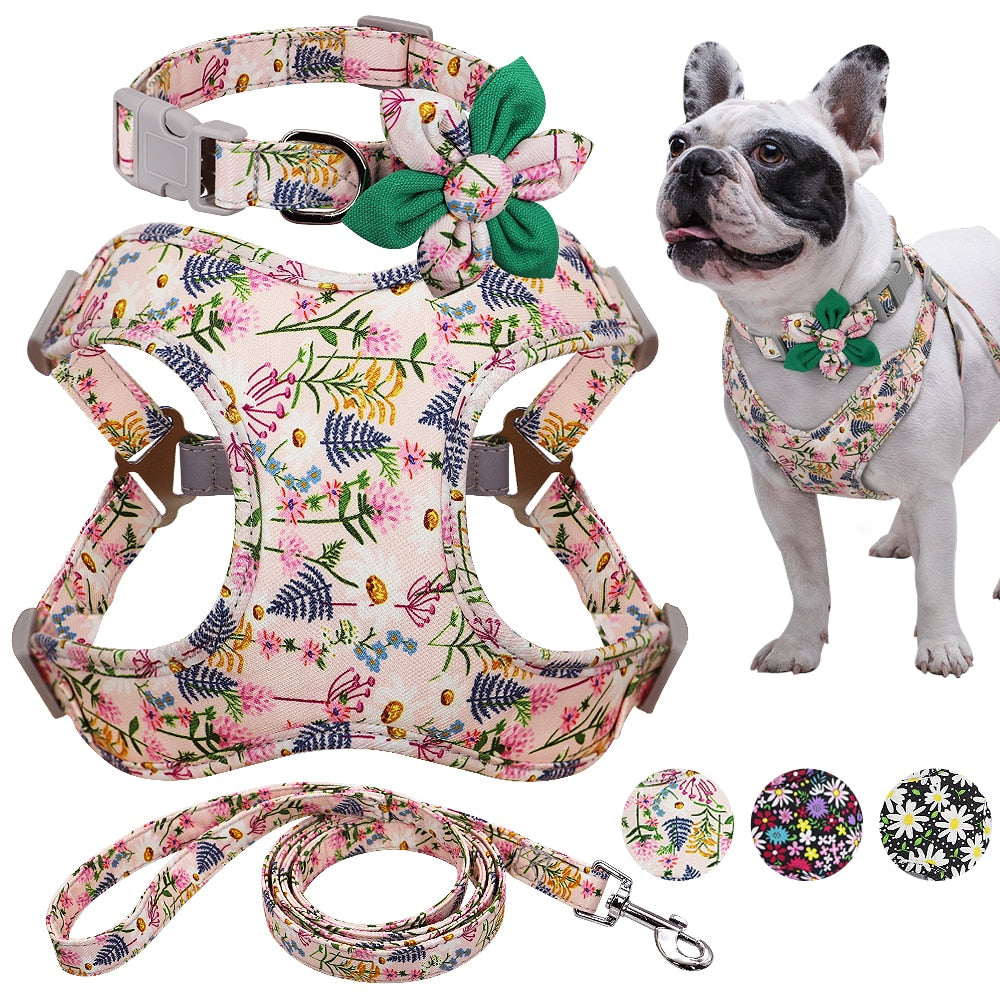 weiches Brustgeschirr im Set mit Halsband und Leine florale Muster
